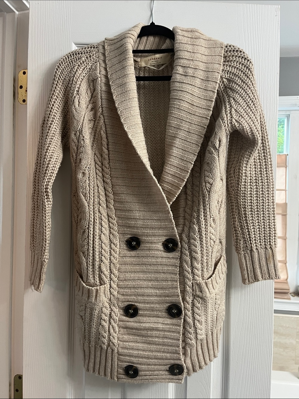 Zara Cream Cable-Knit Double-Breasted Shawl Cardigan